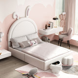 English Elm Full Size Upholstered Rabbit-Shape Bed With 2 Storage Stools, Velvet Platform Bed With Cartoon Ears Shaped Headboard, White