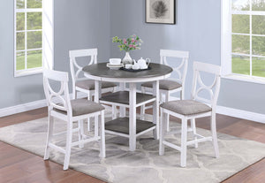 English Elm 5-pcs Modern Counter-Height Dining Set with Round Table, Under-Table Storage Shelves, 4 Chairs Antique White+Gray 46 L x 46 W x 16 H B089P240467