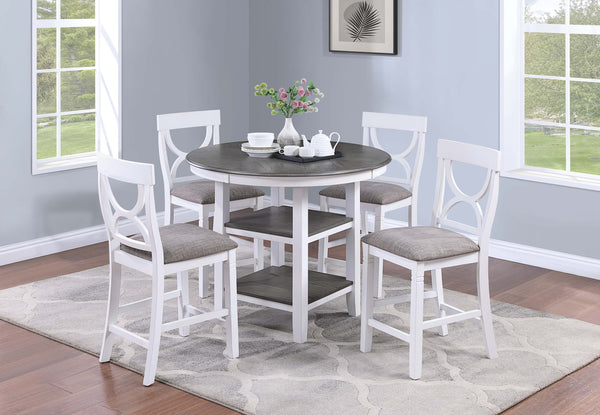 English Elm 5-pcs Modern Counter-Height Dining Set with Round Table, Under-Table Storage Shelves, 4 Chairs Antique White+Gray 46 L x 46 W x 16 H B089P240467