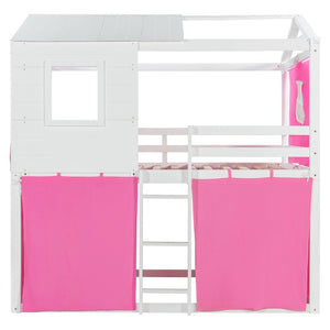 English Elm Full Size Kids Playhouse Bunk Bed Pinewood Frame with Tent Roof and Window Cutouts Pink LT000380AAH-1