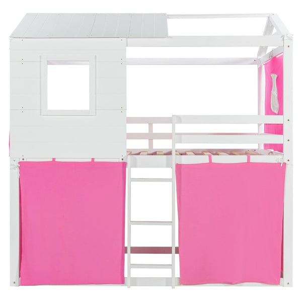 English Elm Full Size Kids Playhouse Bunk Bed Pinewood Frame with Tent Roof and Window Cutouts Pink LT000380AAH-1