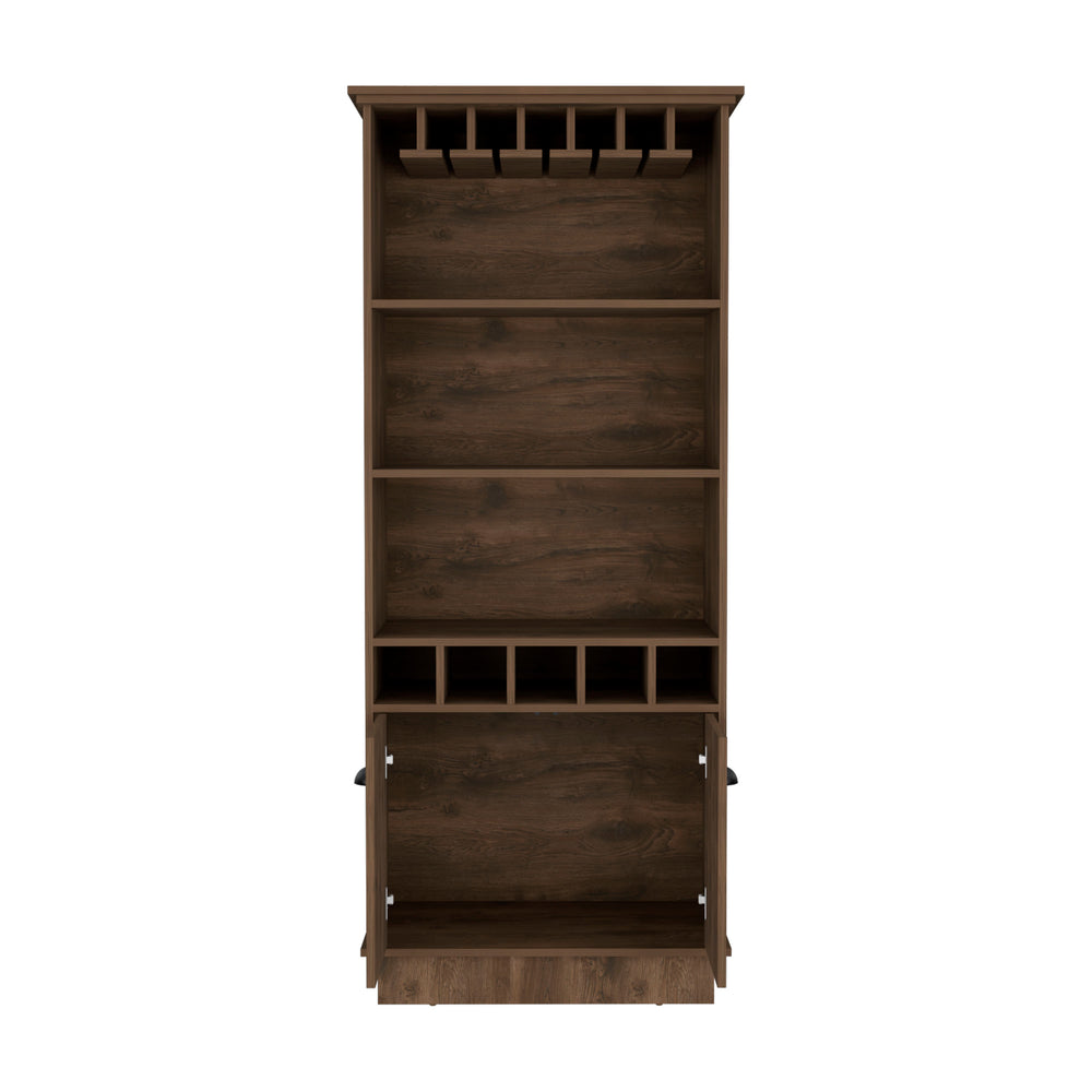 English Elm Bar Cabinet 70"H with Wine Rack, Glass Upper Display, 3 Open Shelves & Lower Storage, Dark Brown B097S00119