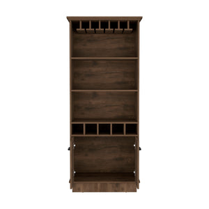English Elm Bar Cabinet 70"H with Wine Rack, Glass Upper Display, 3 Open Shelves & Lower Storage, Dark Brown B097S00119