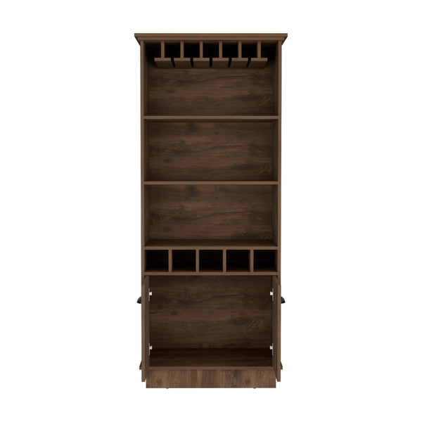 English Elm Bar Cabinet 70"H with Wine Rack, Glass Upper Display, 3 Open Shelves & Lower Storage, Dark Brown B097S00119