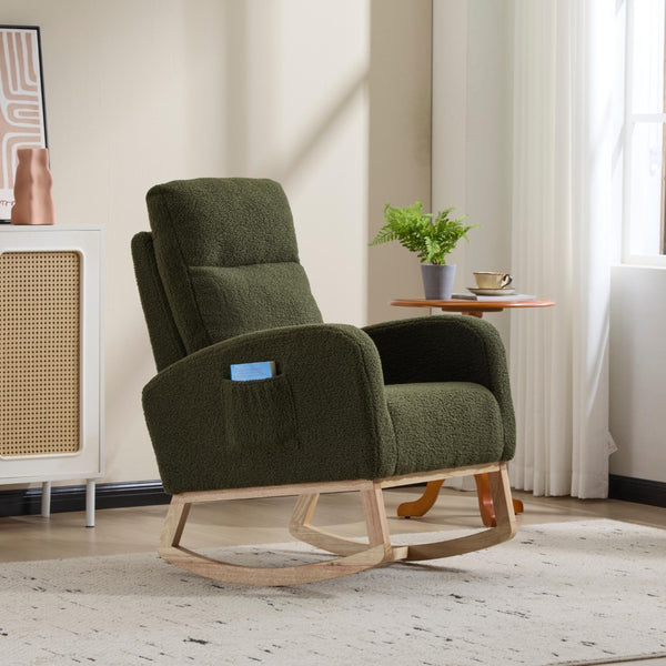 English Elm Modern Upholstered Glider Rocker with Teddy Fabric High Back and Rubberwood Base Green W3723P409071