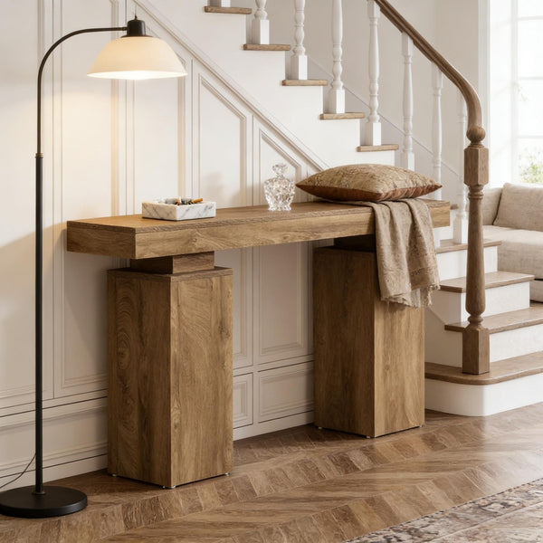English Elm Practical Geometric Console Table with Matte Black Wood Grain Finish for Entryway or Sofa T3971P453732