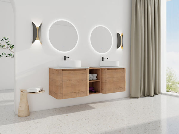 English Elm 60'' Wall-Mounted Bathroom Vanity With Ceramic Art Sink, Soft-Close Door & Stylish Storage Solutions W999S00410