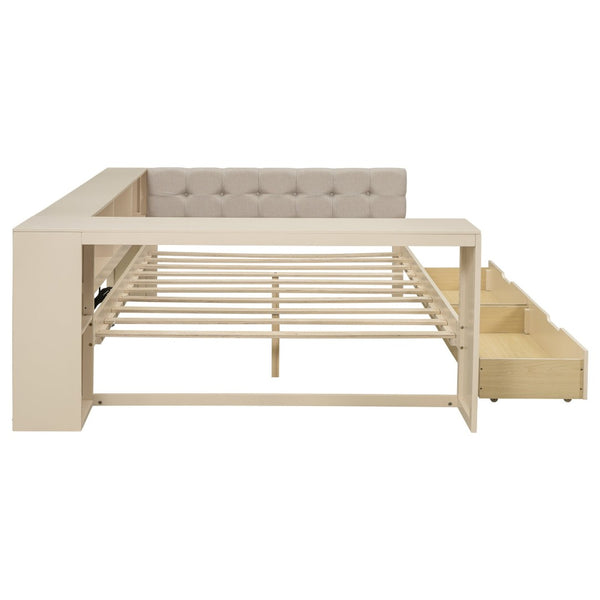 English Elm Wood Full Size Platform Bed With Upholstered Headboard, Storage Drawers, And Usb Charging Station GX002108AAC-1-GIGA