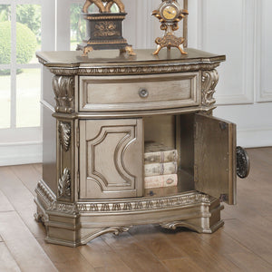 English Elm Antique Silver Champagne Nightstand with Felt-Lined Drawer & Cabinet Storage, Vintage Charm Design B062P189073