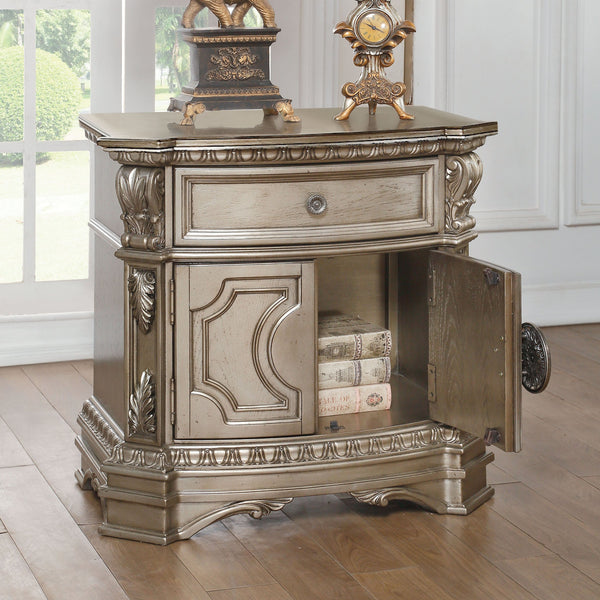 English Elm Antique Silver Champagne Nightstand with Felt-Lined Drawer & Cabinet Storage, Vintage Charm Design B062P189073