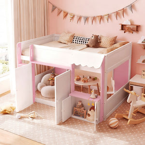 English Elm Twin House Loft Bed with Pull Out Rolling Desk Stair Drawers and Cabinet Storage N820S00074H