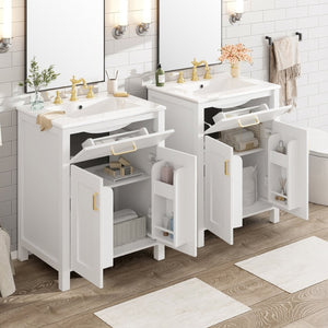 English Elm Modern 48 Inch Freestanding Bathroom Vanity Dual Ceramic Sinks Soft Close Gold Handles White N729P000008K