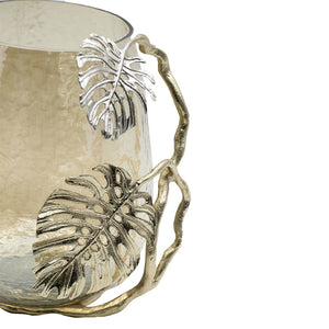 English Elm 9.8x8.5x10.8" Palm Motif Hurricane Holder Silver Aluminum Smoke Glass Mantel Decor W2078P490401