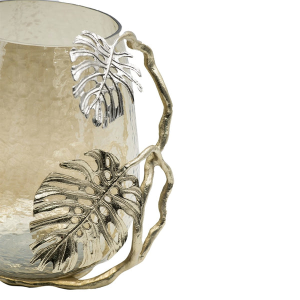 English Elm 9.8x8.5x10.8" Palm Motif Hurricane Holder Silver Aluminum Smoke Glass Mantel Decor W2078P490401