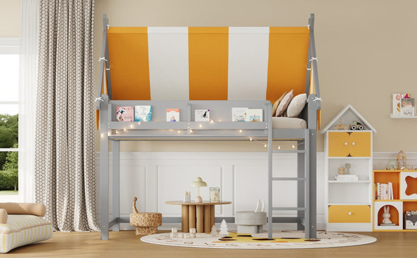 English Elm Full Size Solid Wood Loft Bed with Canopy Led Lighting and Integrated Bookshelf Gray N7090002242E
