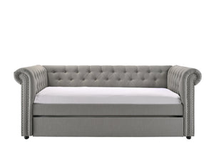 English Elm Luxurious Tufted Daybed with Nailhead Trim and Built-In Trundle — Elegant Rolled Arms, Plush Fabric Comfort Gray 41.88 L x 16 W x 6.25 H B011S01633