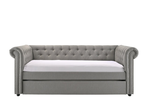English Elm Luxurious Tufted Daybed with Nailhead Trim and Built-In Trundle — Elegant Rolled Arms, Plush Fabric Comfort Gray 41.88 L x 16 W x 6.25 H B011S01633