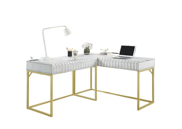 English Elm Transitional Two-tone Computer Desk with Matte Gold Metal Base, Lift-Top Work Surface and Concealed Drawer Storage Antique White 50 L x 28 W x 10 H B2741S00261