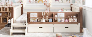 English Elm Queen Bunk Bed with Trundle Solid Pine Kids Car Themed Frame Built-in Bookshelf Beige W1580S00542