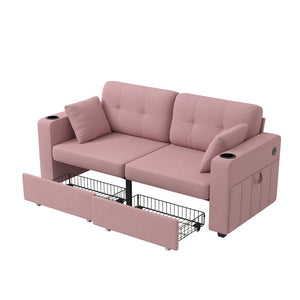English Elm Sofas for Living Room Chenille Three Seat Couch with Usb Charging Storage and Cup Holder Pink W395S00147