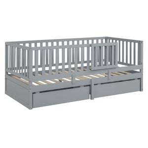 English Elm Twin Pinewood Daybed with Fence Guardrails Two Storage Drawers and Split Floor Bed Gray LP200881AAE