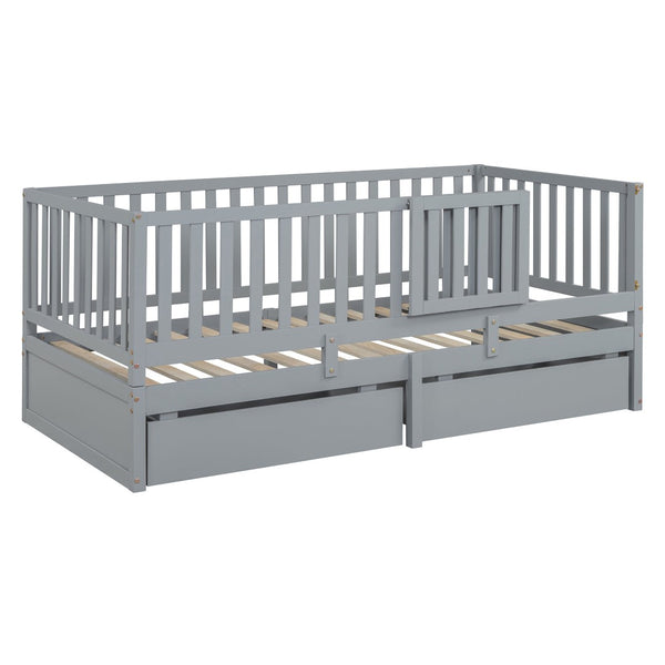 English Elm Twin Pinewood Daybed with Fence Guardrails Splits Into Two Floor Beds Storage Gray LP100881AAE