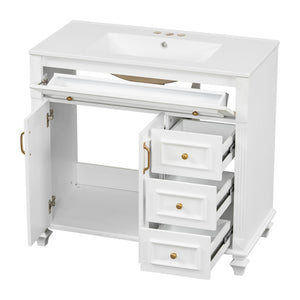English Elm 36" Modern Bathroom Vanity with Ceramic Sink, Gold Handles, Flip-Out Drawer & Soft-Close Doors White N725P283623K