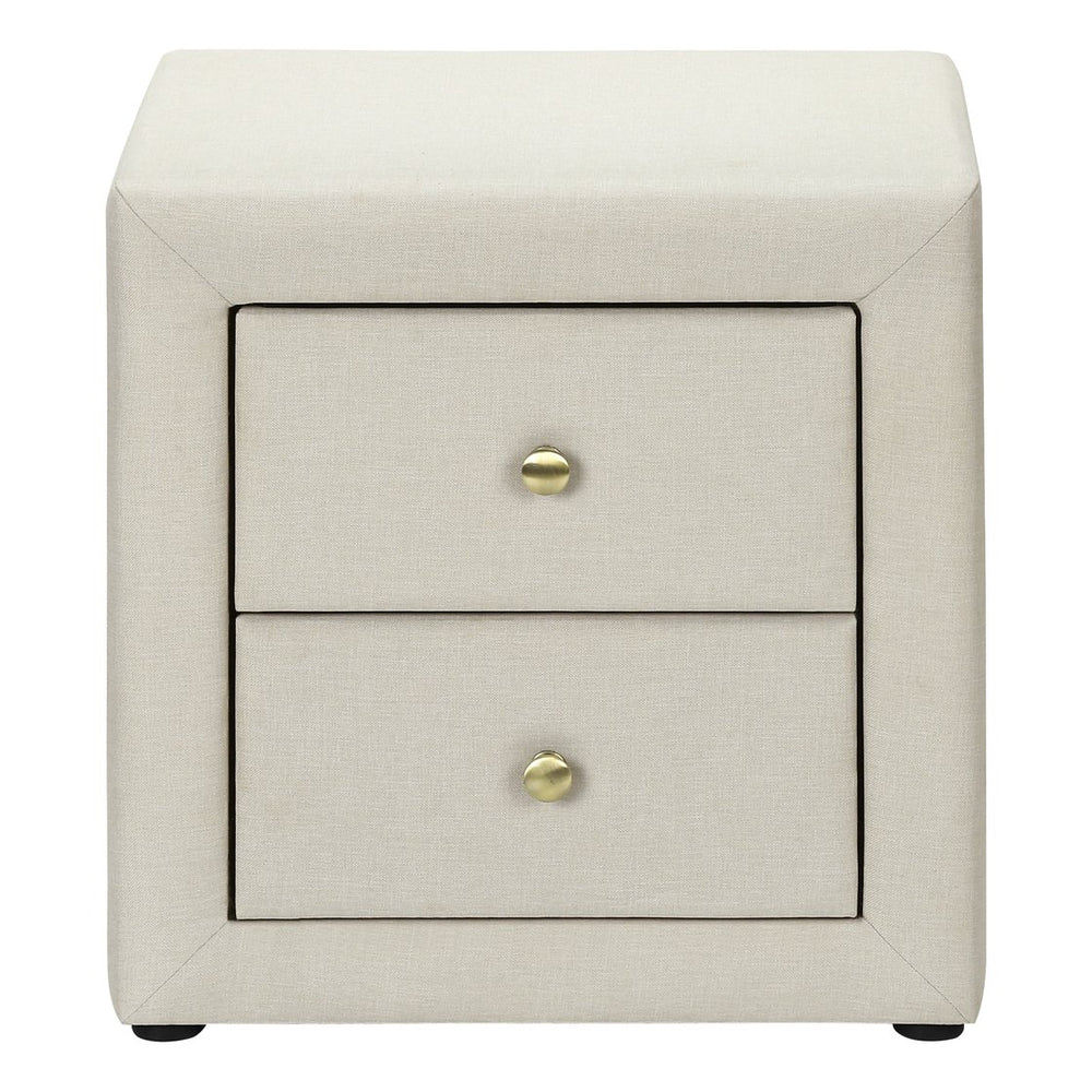 English Elm Nightstand, Upholstered Beige Linen-Look Storage Table With Drawers For Bedroom & Living Room Use B2710P219504