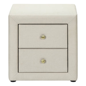 English Elm Nightstand, Upholstered Beige Linen-Look Storage Table With Drawers For Bedroom & Living Room Use B2710P219504