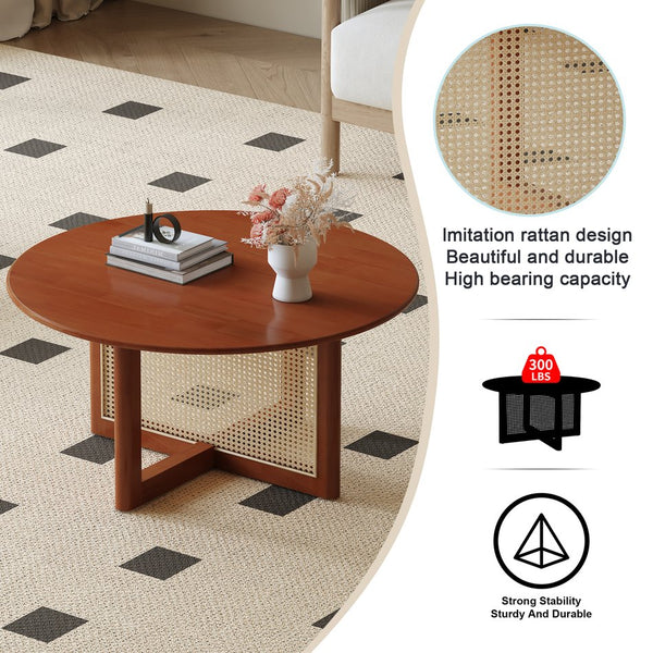 English Elm A deep red wooden coffee table with rattan accents — elegant, durable, easy assembly for cozy living spaces W1151140563