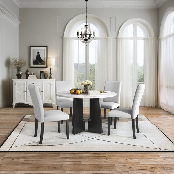 English Elm 5-Piece Round Dining Set with 43" Modern MDF Table and 4 Upholstered Fabric Chairs for Compact Spaces Beige+White N752S001055K