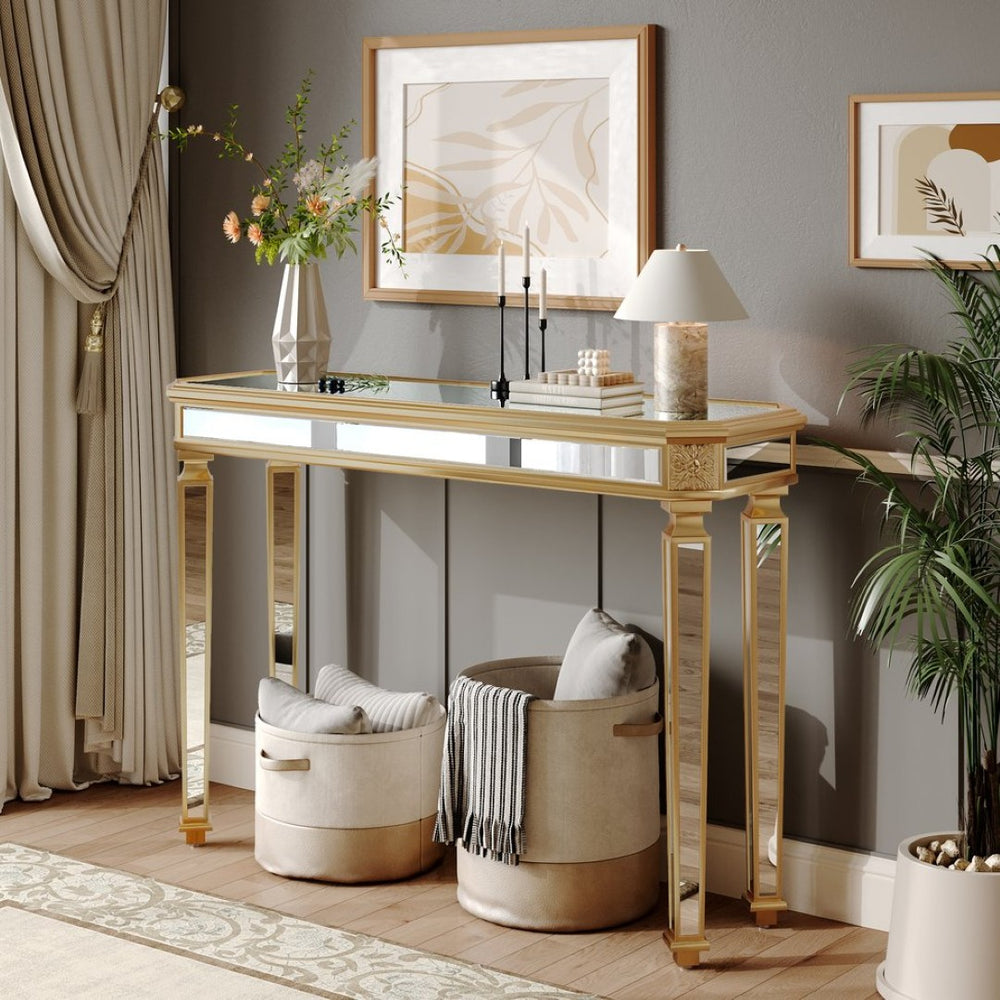 English Elm Mirror Console Table Gold Carved Frame Entryway Accent with Reflective Mirrored Panels W1445P407834