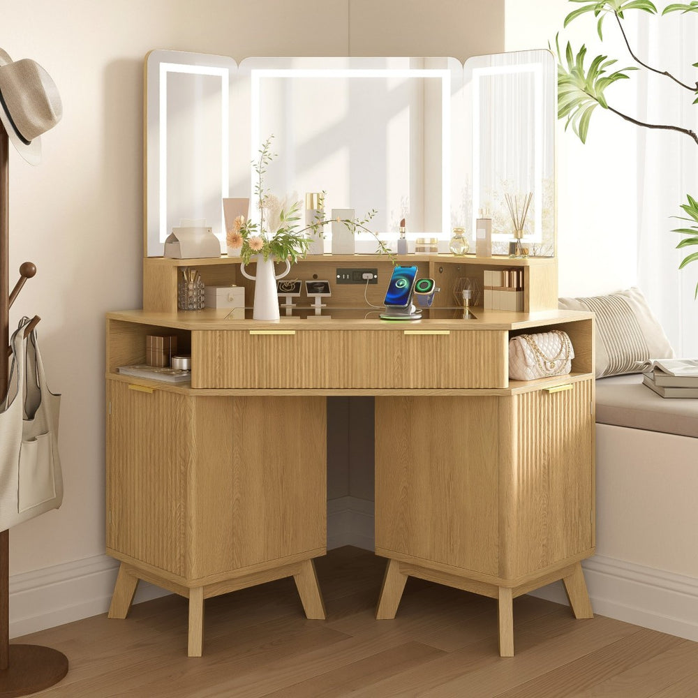 English Elm 47.2" Corner Lighted Makeup Vanity with Fluted Panel Tri-fold Mirror and Charging Station Oak N704P392485N