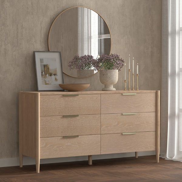 Alpine Furniture Sinclair Dresser With Six Drawers, Gold-Finish Handles, Soft-Close Glides And Fully Assembled Craftsmanship Natural 3458NAT-03