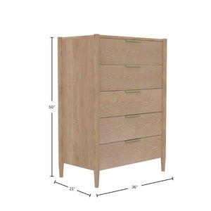 Alpine Furniture Sinclair Chest With Polished Gold Hardware — Coastal-Inspired Five-Drawer Dresser, Soft-Close Storage Natural 3458NAT-05