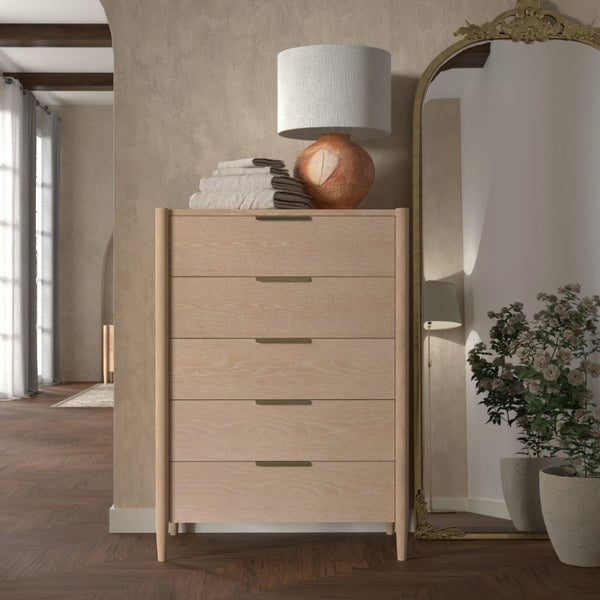 Alpine Furniture Sinclair Chest With Polished Gold Hardware — Coastal-Inspired Five-Drawer Dresser, Soft-Close Storage Natural 3458NAT-05