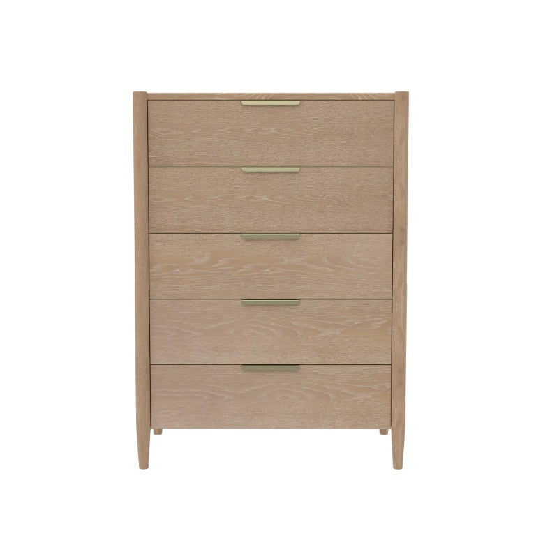 Alpine Furniture Sinclair Chest With Polished Gold Hardware — Coastal-Inspired Five-Drawer Dresser, Soft-Close Storage Natural 3458NAT-05