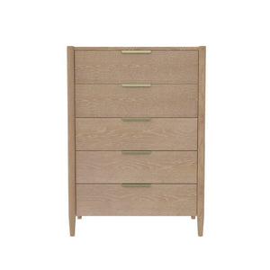 Alpine Furniture Sinclair Chest With Polished Gold Hardware — Coastal-Inspired Five-Drawer Dresser, Soft-Close Storage Natural 3458NAT-05