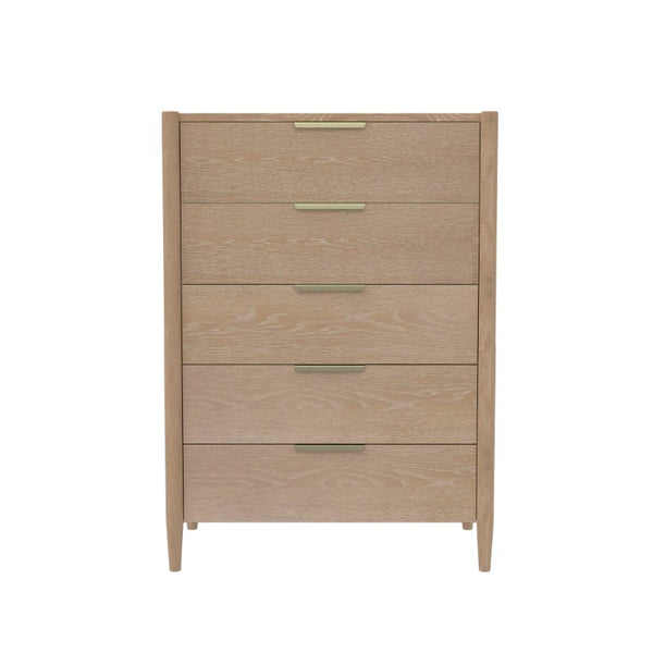 Alpine Furniture Sinclair Chest With Polished Gold Hardware — Coastal-Inspired Five-Drawer Dresser, Soft-Close Storage Natural 3458NAT-05