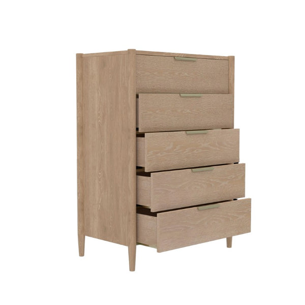 Alpine Furniture Sinclair Chest With Polished Gold Hardware — Coastal-Inspired Five-Drawer Dresser, Soft-Close Storage Natural 3458NAT-05