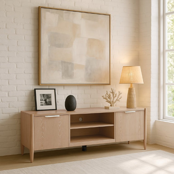 Alpine Furniture Sinclair Mid-Century Tv Console With Soft-Close Cabinets, Adjustable Shelf & Cable Management Natural 3458NAT-10