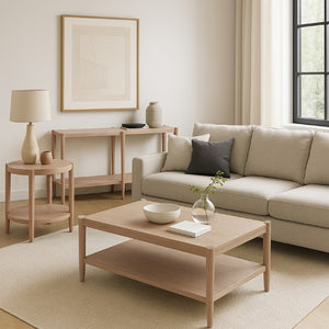 Alpine Furniture Sinclair Rectangular Coffee Table With Open Lower Shelf, Mid-Century Lines, Rounded Corners, Durable Oak Veneer Finish Natural 3458NAT-61