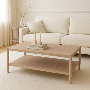 Alpine Furniture Sinclair Rectangular Coffee Table With Open Lower Shelf, Mid-Century Lines, Rounded Corners, Durable Oak Veneer Finish Natural 3458NAT-61