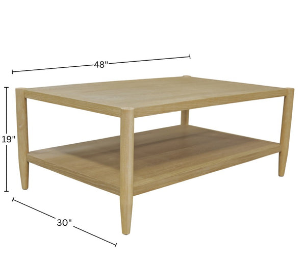 Alpine Furniture Sinclair Rectangular Coffee Table With Open Lower Shelf, Mid-Century Lines, Rounded Corners, Durable Oak Veneer Finish Natural 3458NAT-61