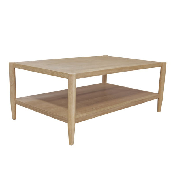 Alpine Furniture Sinclair Rectangular Coffee Table With Open Lower Shelf, Mid-Century Lines, Rounded Corners, Durable Oak Veneer Finish Natural 3458NAT-61