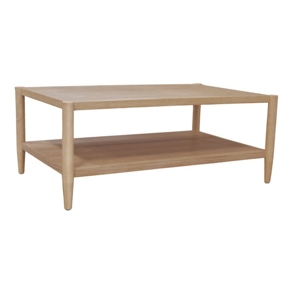 Alpine Furniture Sinclair Rectangular Coffee Table With Open Lower Shelf, Mid-Century Lines, Rounded Corners, Durable Oak Veneer Finish Natural 3458NAT-61
