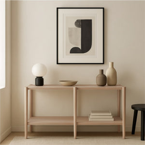 Alpine Furniture Sinclair Mid-Century Console Table 60" W – Solid Rubberwood With Oak Veneer, Open Shelf Storage, Sleek Design Natural 3458NAT-63