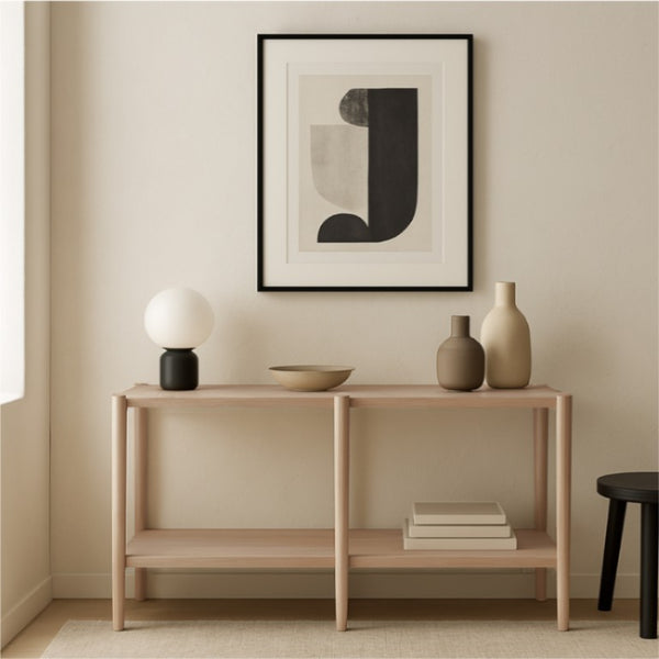 Alpine Furniture Sinclair Mid-Century Console Table 60" W – Solid Rubberwood With Oak Veneer, Open Shelf Storage, Sleek Design Natural 3458NAT-63
