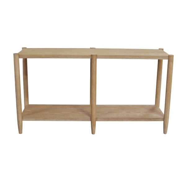 Alpine Furniture Sinclair Mid-Century Console Table 60" W – Solid Rubberwood With Oak Veneer, Open Shelf Storage, Sleek Design Natural 3458NAT-63