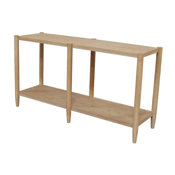 Alpine Furniture Sinclair Mid-Century Console Table 60" W – Solid Rubberwood With Oak Veneer, Open Shelf Storage, Sleek Design Natural 3458NAT-63